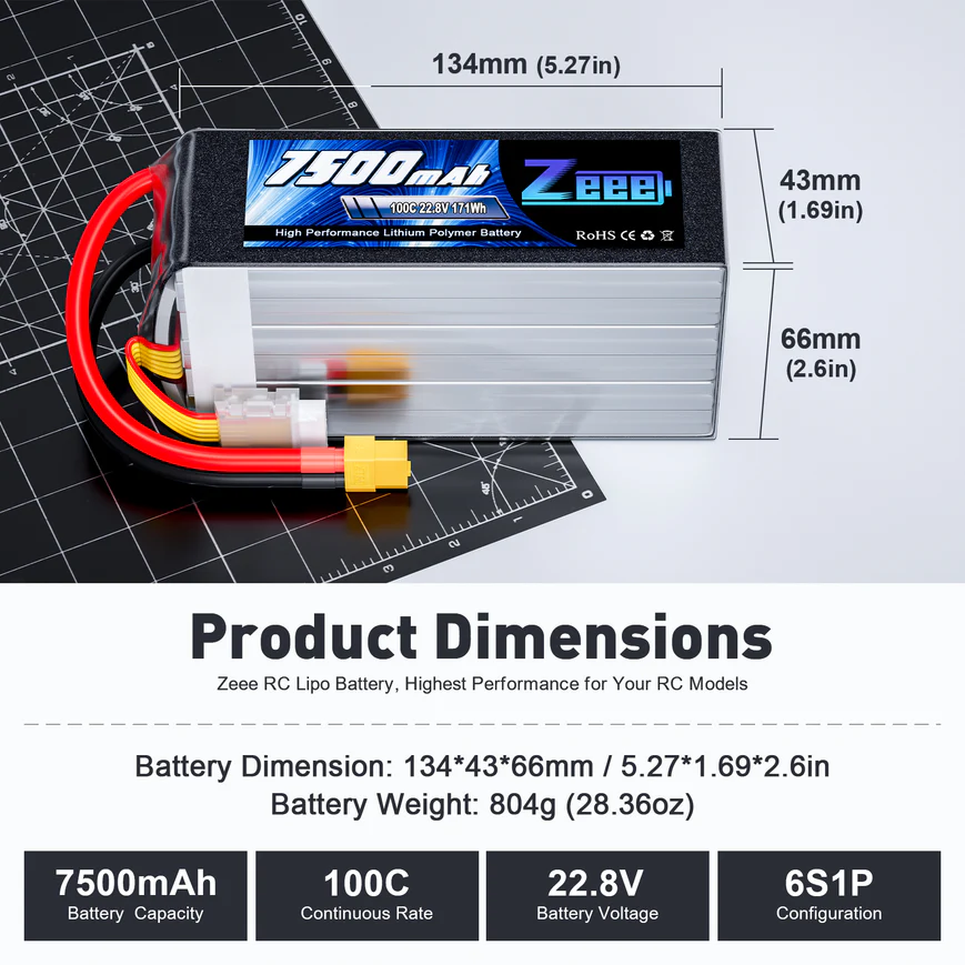 ZEEE 6S 22.8V 7500mAh 100C Soft LiPo Battery Pack XT60 - Image 6