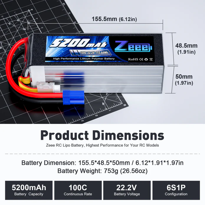 Zeee 6S 5200mAh 22.2V 100C LiPo Battery EC5 - Image 2